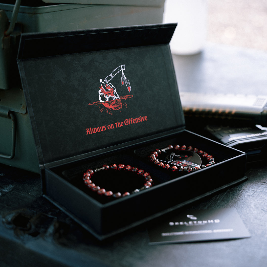GBRS Group x SkeletonHD War Crimes Beaded Bracelet Set - pictured in designer War Crimes themed box