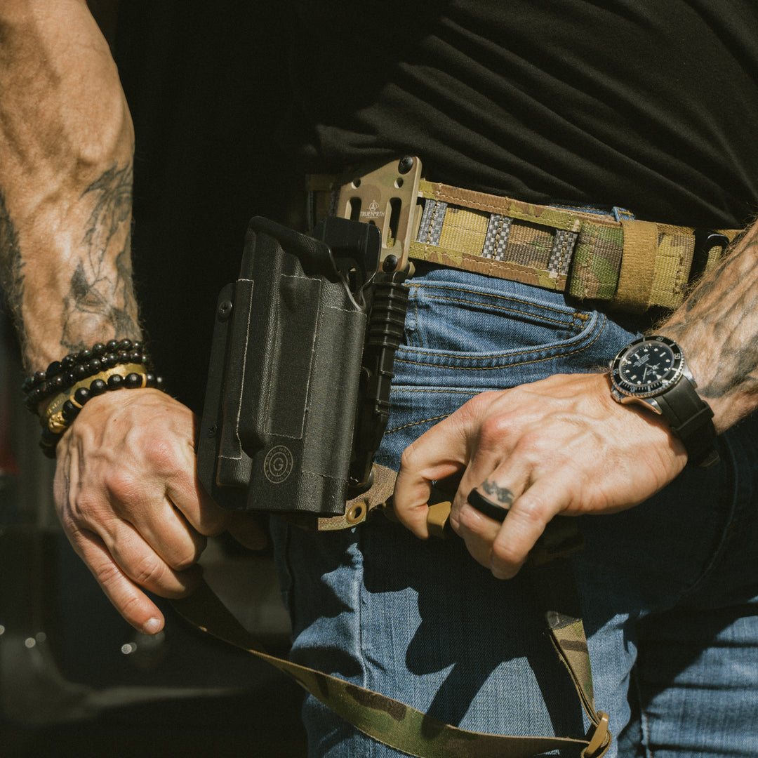 GBRS Group Assaulter Belt Bundle lifestyle shot showing leg strap adjustments