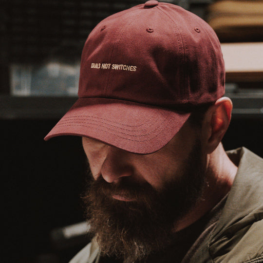 GBRS Group Dials Not Switches Dad Hat in Maroon - Front of Hat -Lifestyle