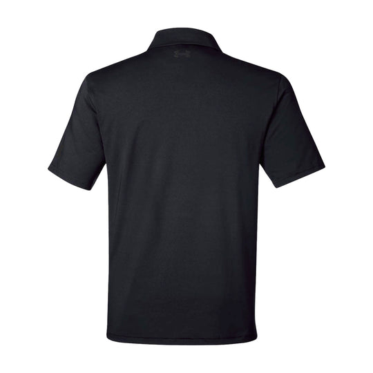 GBRS Group Patriotism Polo Shirt - Left chest American Flag rubberized thermal graphic. Embroidered GBRS "g" logo on the left sleeve. Pictured back of black polo on a white background.