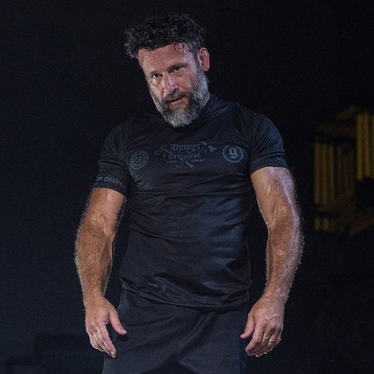 GBRS Group Axes Short Sleeve Rash Guard - on body lifestyle shot showing front of shirt