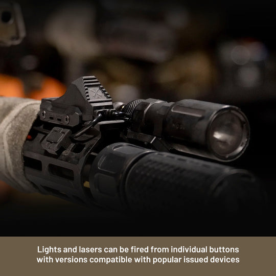 UNITY™ Tactical AXON™ Switch close up photo. Lights and lasers can be fired from individual buttons with versions compatible with popular issued devices. 