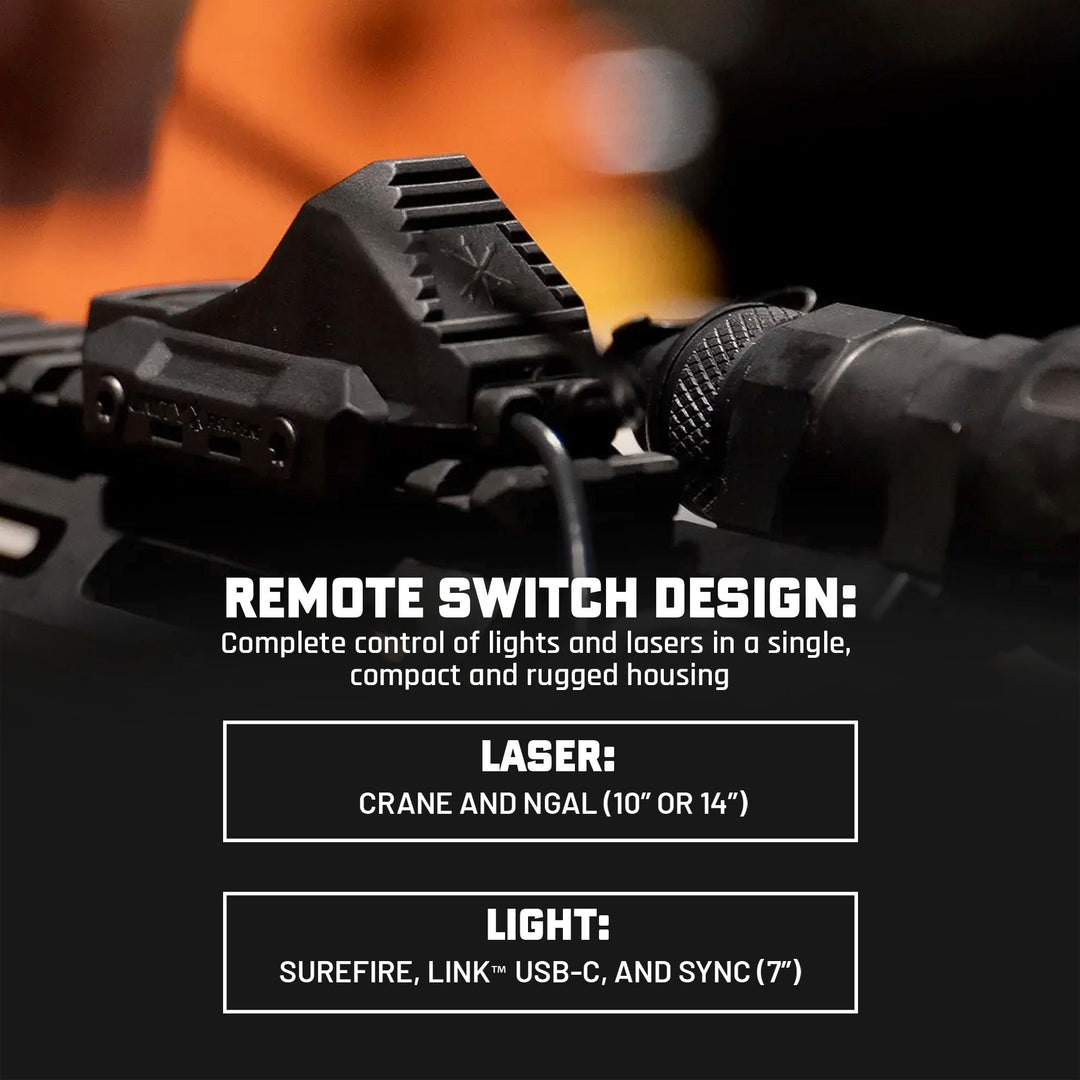 UNITY™ Tactical AXON™ Switch features a remote switch design: grants complete control of lights and lasers in a single, compact, and rugged housing. Details the laser and light compatibility. 