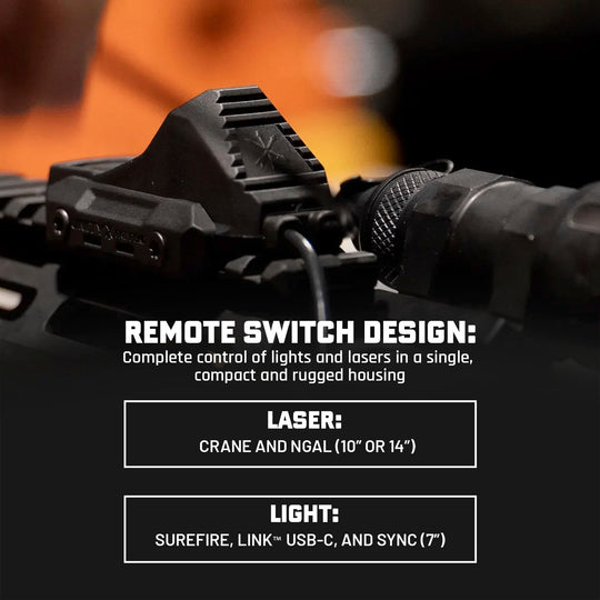 UNITY™ Tactical AXON™ Switch features a remote switch design: grants complete control of lights and lasers in a single, compact, and rugged housing. Details the laser and light compatibility. 