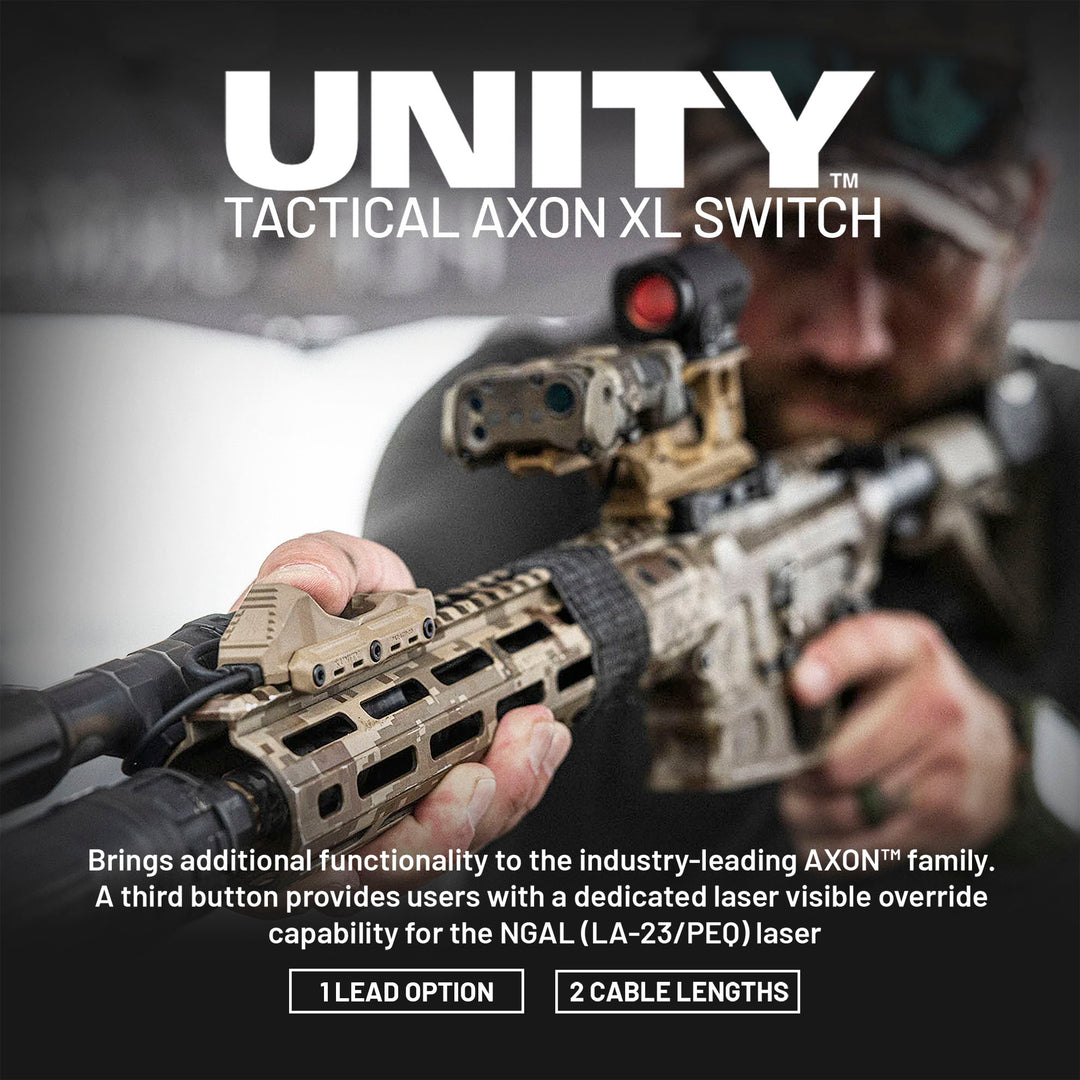 A close-up of the UNITY™ Tactical AXON™ XL Switch on a carbine, lifestyle image. This product brings additional functionality to the industry-leading AXON™ family. A third button provides users with a dedicated laser visible override capability for the NGAL (LA-23/PEQ) laser.
