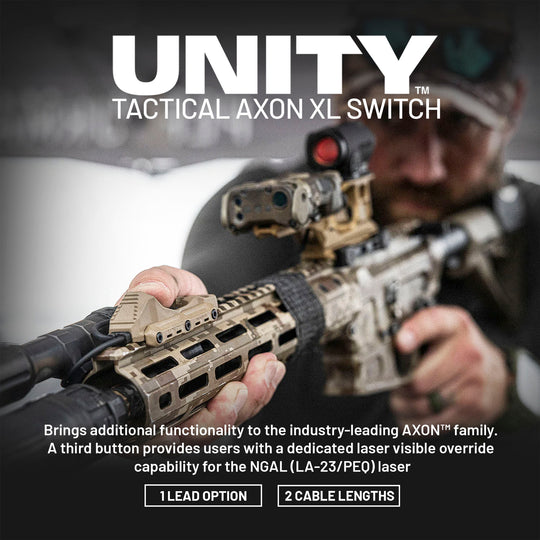 A close-up of the UNITY™ Tactical AXON™ XL Switch on a carbine, lifestyle image. This product brings additional functionality to the industry-leading AXON™ family. A third button provides users with a dedicated laser visible override capability for the NGAL (LA-23/PEQ) laser.