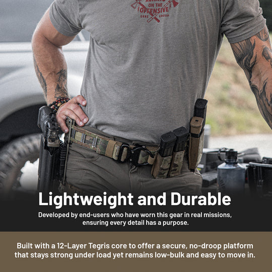 GBRS Group Assaulter Belt is  lightweight and durable. Developed by end-users who have worn this gear in real missions, ensuring every detail has a purpose. Built with a 12-layer Tegris core to offer a secure, no-droop platform that stays strong under load yet remains low-bulk and easy to move in. 