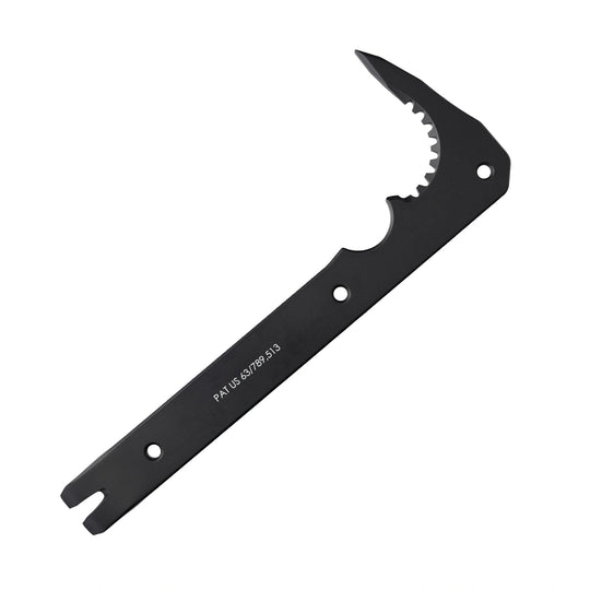 Black multi-tool with a unique design on a white background