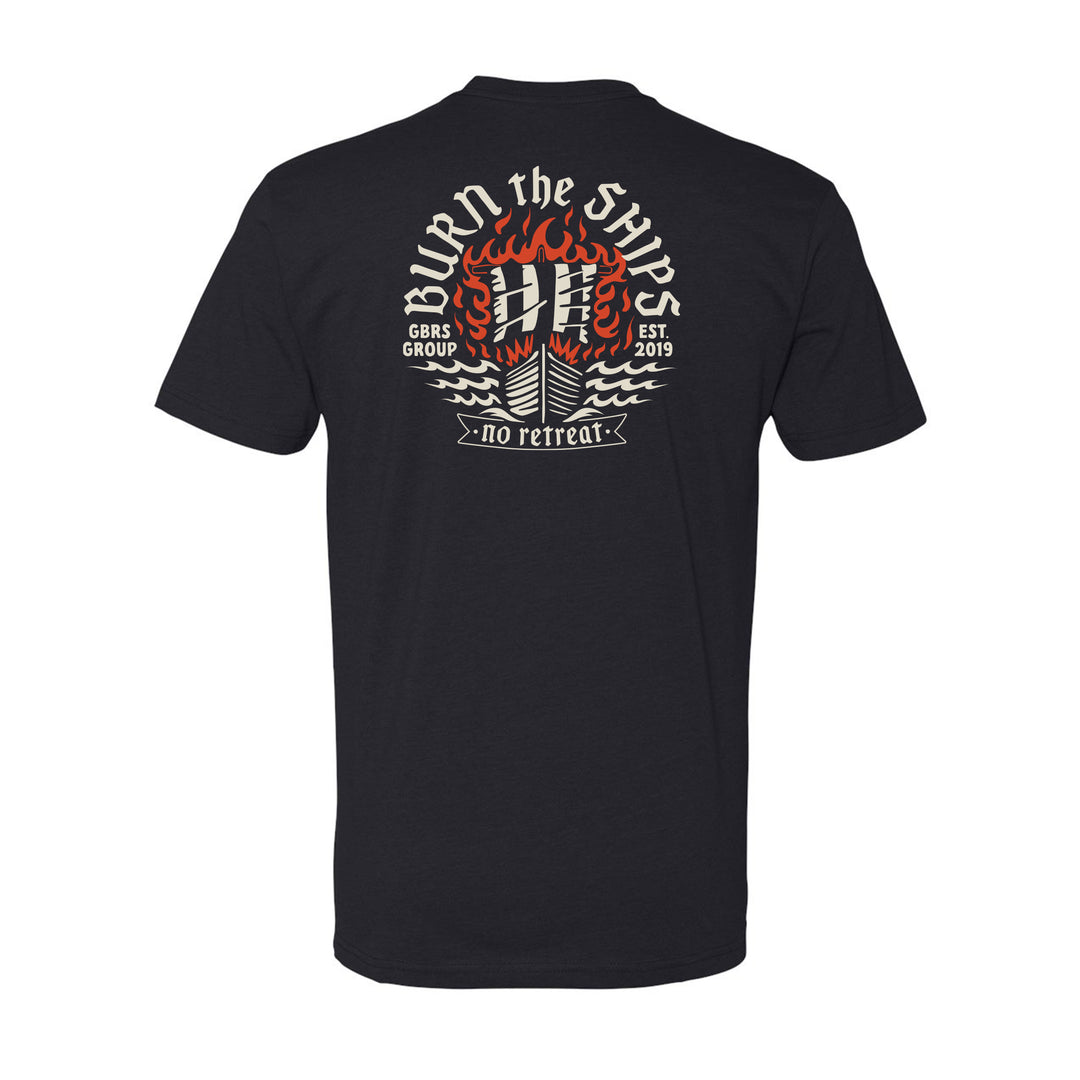 GBRS Group Burn the Ships Short Sleeve Shirt pictured in Black on white background showing back of shirt design