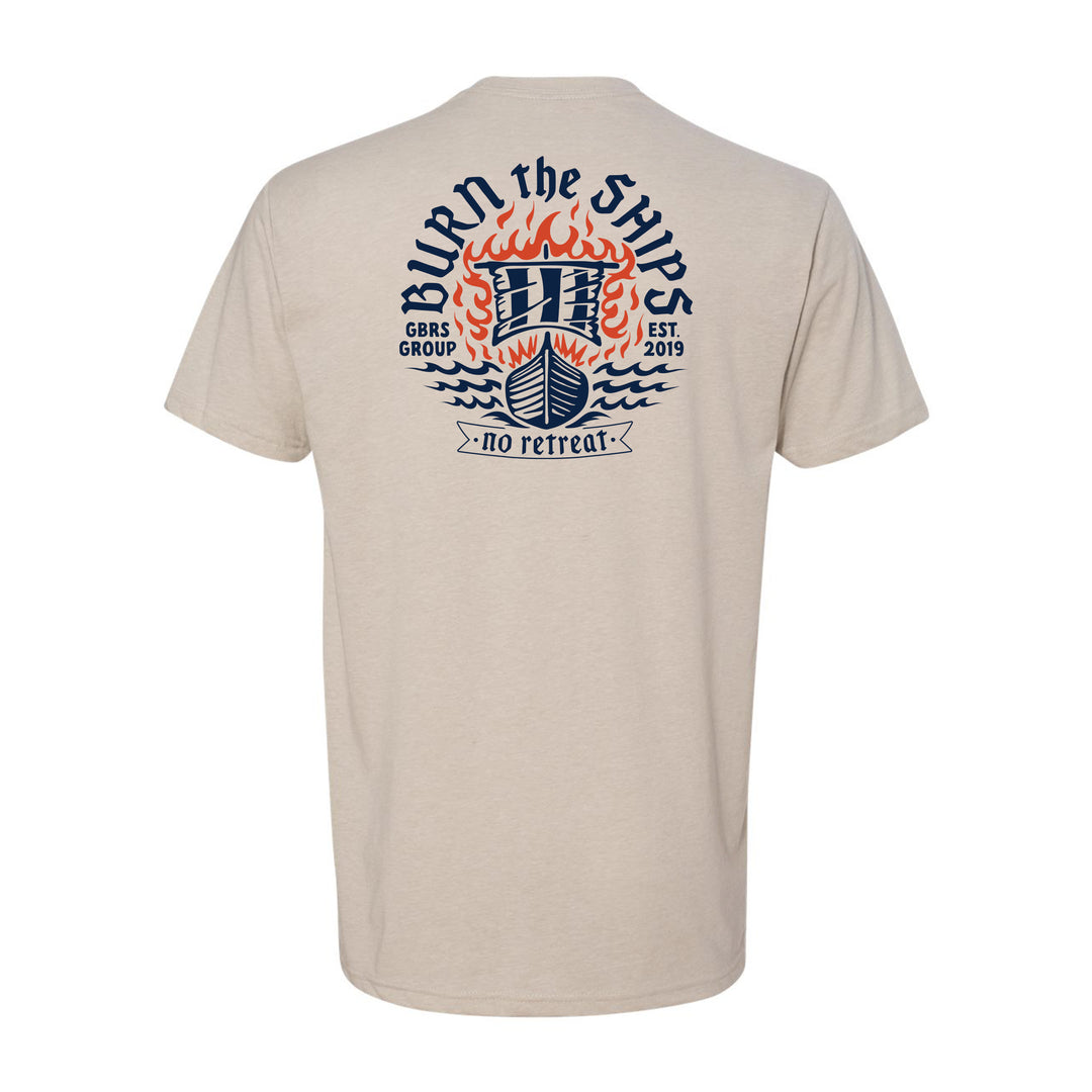 GBRS Group Burn the Ships Short Sleeve Shirt pictured in Sand on white background showing back of shirt design