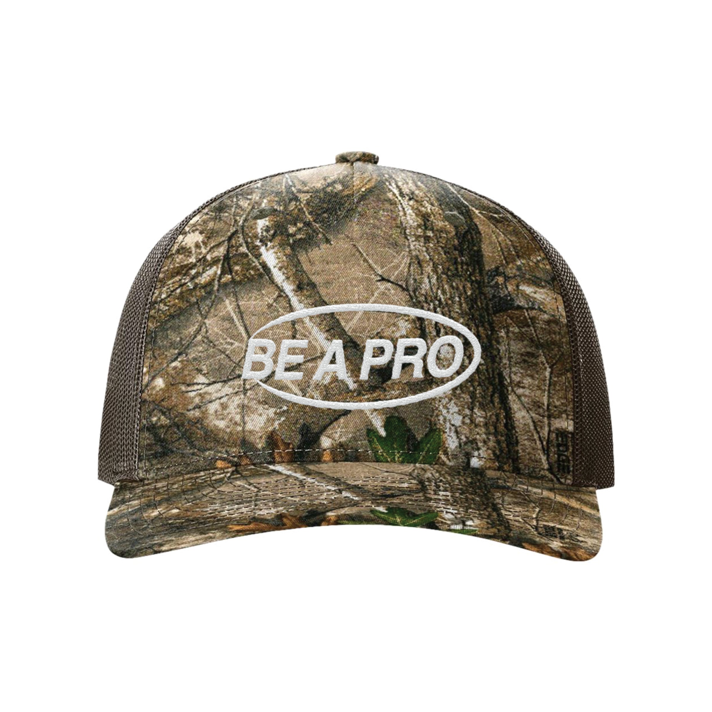 GBRS Group Be A Pro Trucker Hat - In Realtree Edge Camo - On white background showing front detail