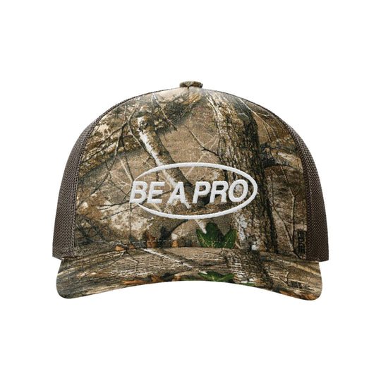 GBRS Group Be A Pro Trucker Hat - In Realtree Edge Camo - On white background showing front detail