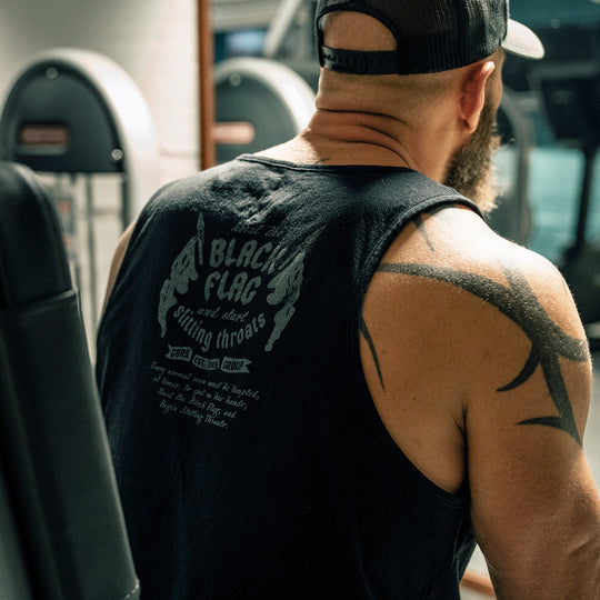 GBRS Group Black Flag Tank - Lifestyle shot picturing the back of tank in a gym