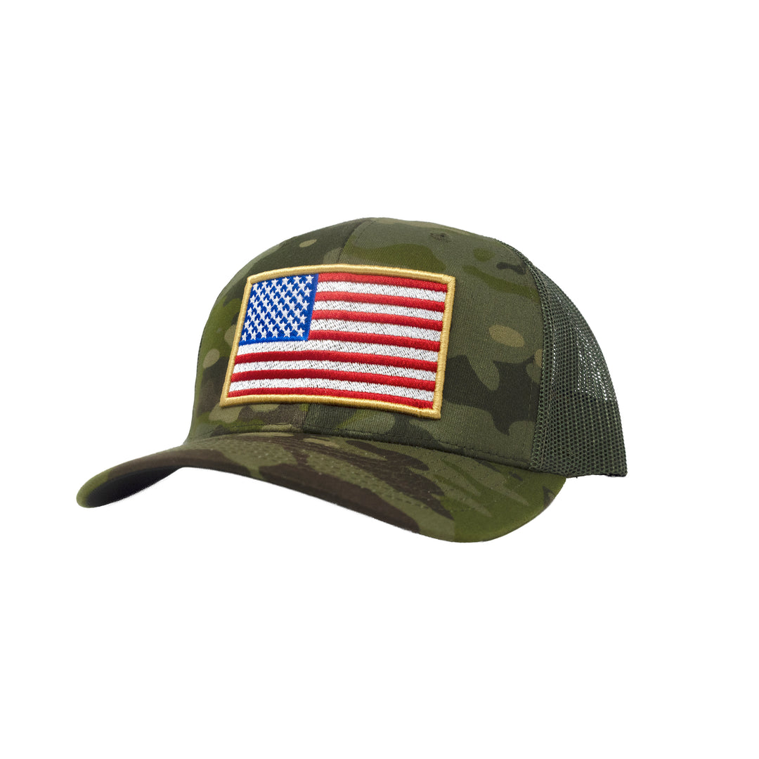 Multicam Tropic GBRS Group Patriotism Trucker Hat on white background