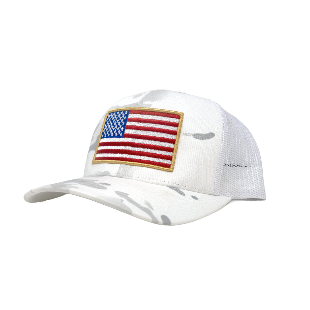 Multicam Alpine GBRS Group Patriotism Trucker Hat on white background
