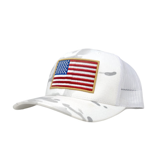 Multicam Alpine GBRS Group Patriotism Trucker Hat on white background