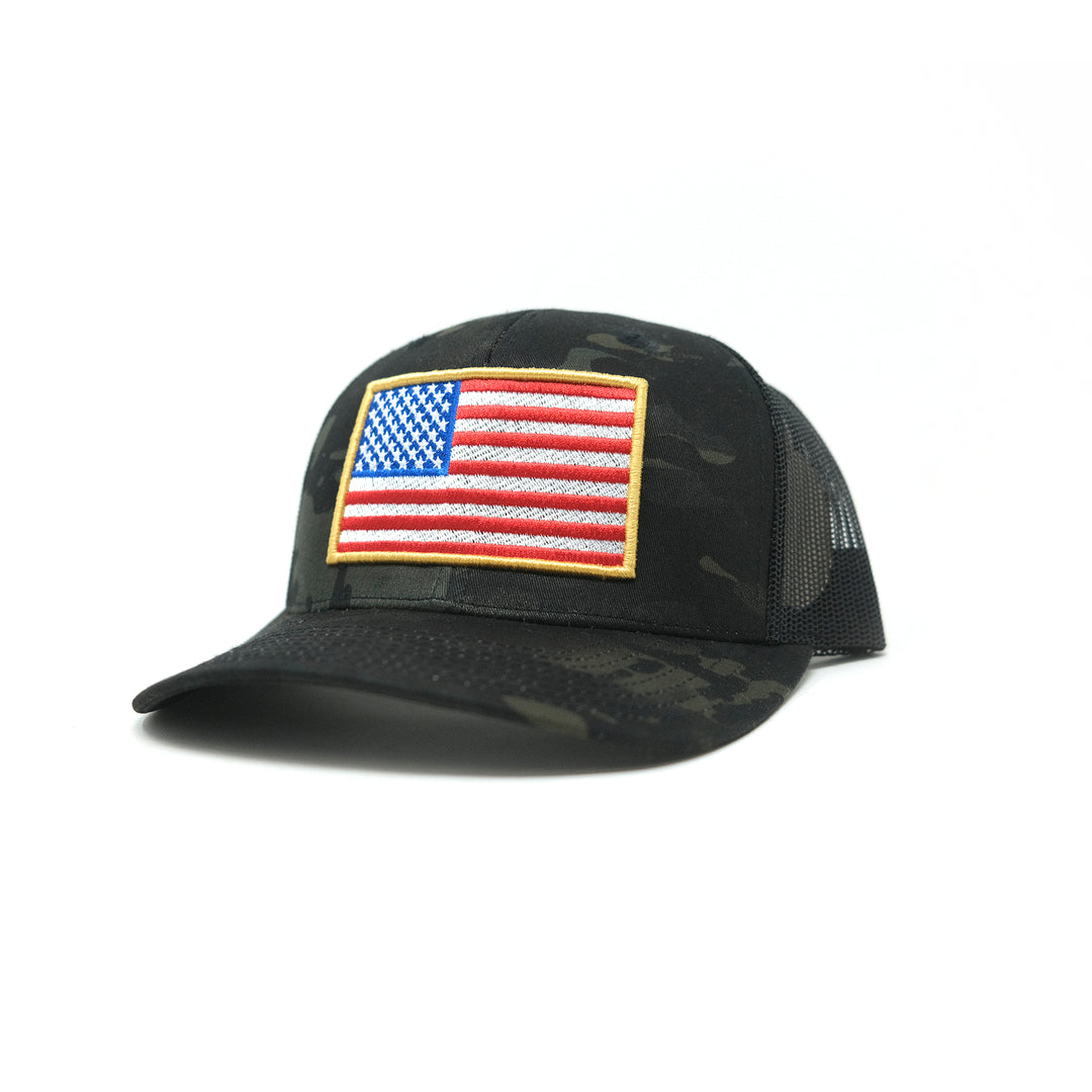 GBRS Group Patriotism Trucker Hat - Picturing front of hat in Multicam Black with Black mesh 