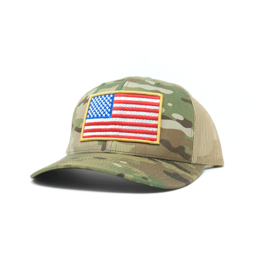 GBRS Group Patriotism Trucker Hat - Picturing front of hat in Multicam with Tan mesh 