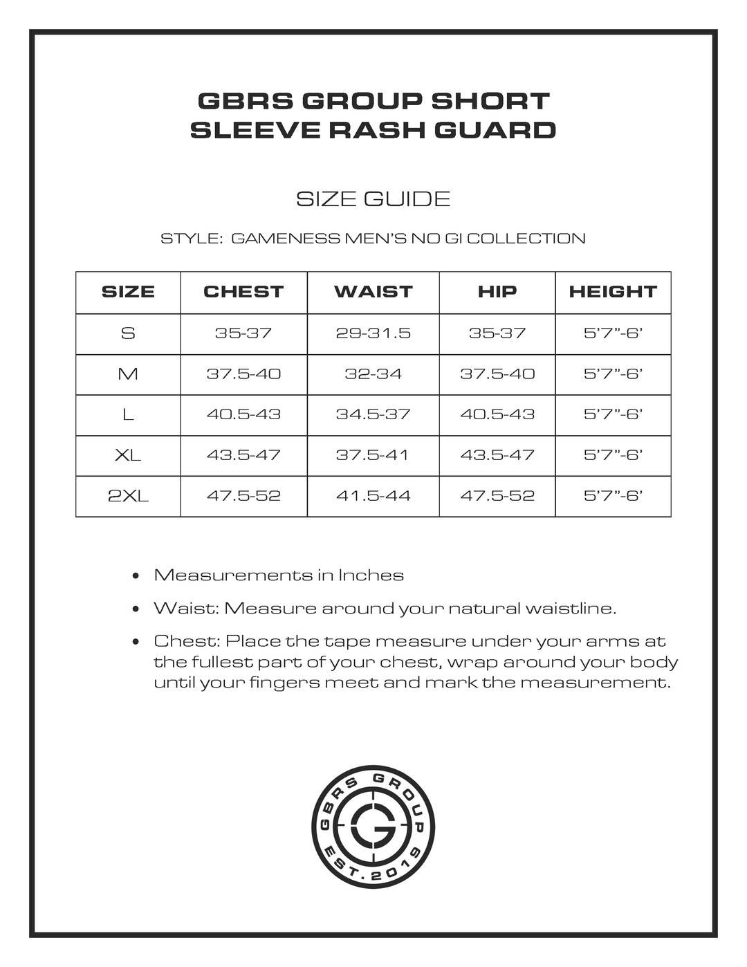 Gameness Rash Guard Size Chart