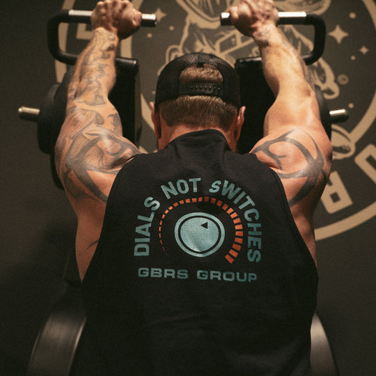 GBRS Group Gain Tank Back Print Design. Lifestyle shot on body in a gym.