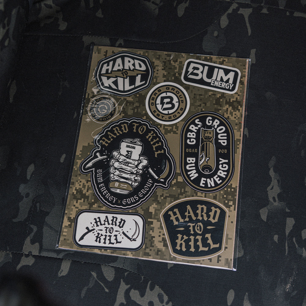 GBRS Group x BUM Energy Collab Sticker Sheet - pictured on a camoflauge background