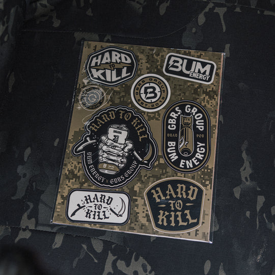 GBRS Group x BUM Energy Collab Sticker Sheet - pictured on a camoflauge background