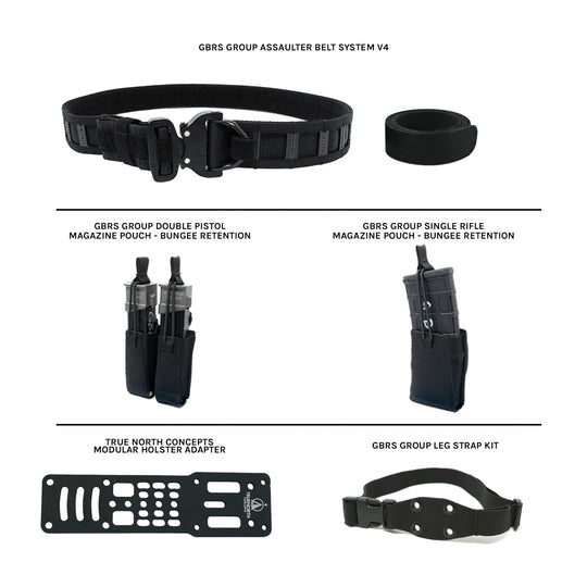 GBRS Group Assaulter Belt System V4 in black with a black buckle and inner belt, displayed alongside double pistol and single rifle magazine pouches with bungee retention, a True North Concepts modular holster adapter, and a GBRS Group leg strap kit, all on a white background.