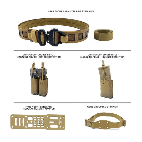 GBRS Group Assaulter Belt System V4 in coyote brown with a black buckle and inner belt, displayed alongside double pistol and single rifle magazine pouches with bungee retention, a True North Concepts modular holster adapter, and a GBRS Group leg strap kit, all on a white background.