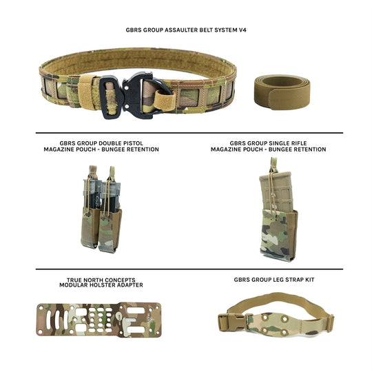 GBRS Group Assaulter Belt System V4 in Multicam with a black buckle and inner belt, displayed alongside double pistol and single rifle magazine pouches with bungee retention, a True North Concepts modular holster adapter, and a GBRS Group leg strap kit, all on a white background.