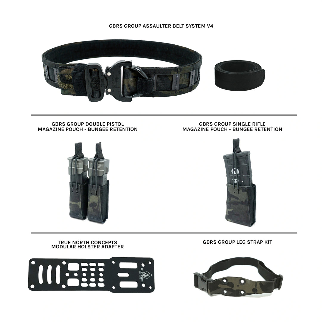 GBRS Group Assaulter Belt System V4 in black multicam with a black buckle and inner belt, displayed alongside double pistol and single rifle magazine pouches with bungee retention, a True North Concepts modular holster adapter, and a GBRS Group leg strap kit, all on a white background.