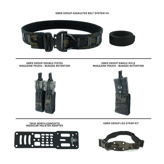 GBRS Group Assaulter Belt System V4 in black multicam with a black buckle and inner belt, displayed alongside double pistol and single rifle magazine pouches with bungee retention, a True North Concepts modular holster adapter, and a GBRS Group leg strap kit, all on a white background.