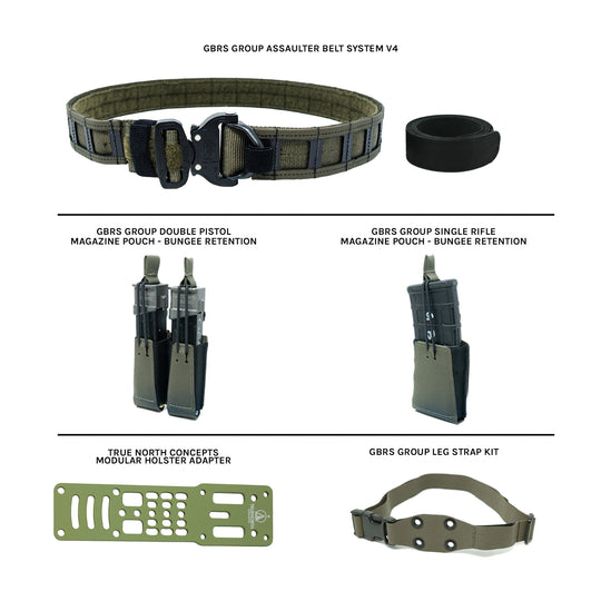 GBRS Group Assaulter Belt System V4 in Ranger Green with a black buckle and inner belt, displayed alongside double pistol and single rifle magazine pouches with bungee retention, a True North Concepts modular holster adapter, and a GBRS Group leg strap kit, all on a white background.