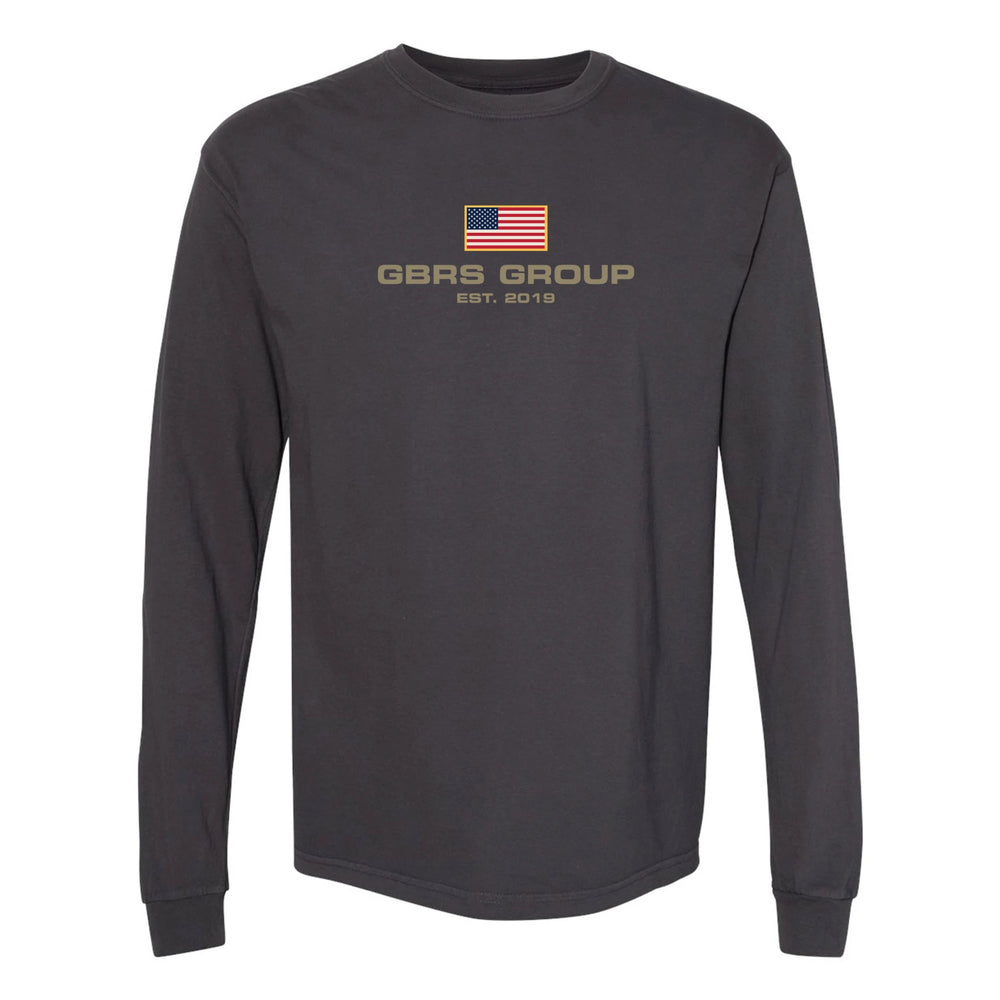 Front view of graphite GBRS Group International Long Sleeve Shirt on white background
