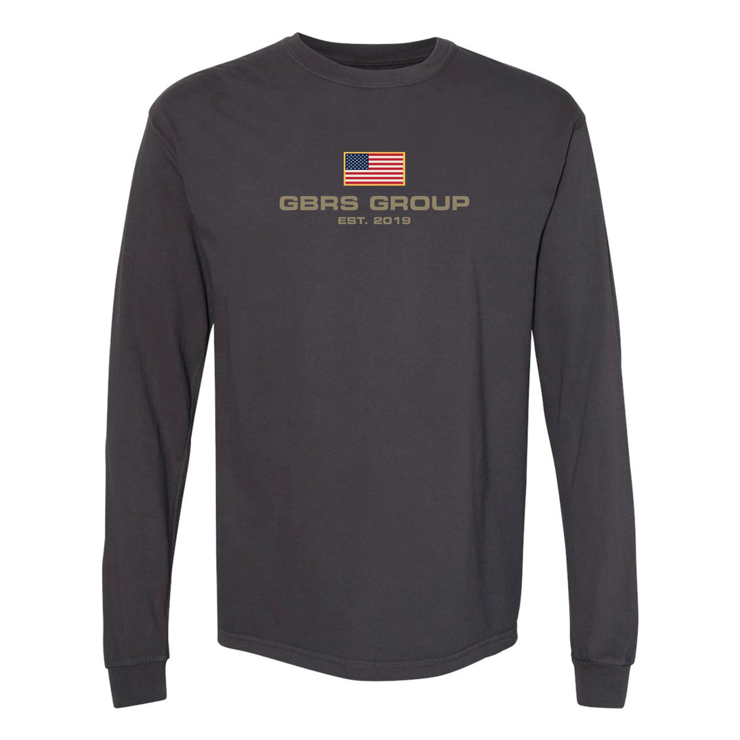 Front view of graphite GBRS Group International Long Sleeve Shirt on white background