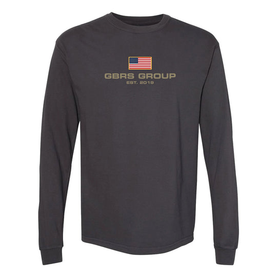 Front view of graphite GBRS Group International Long Sleeve Shirt on white background