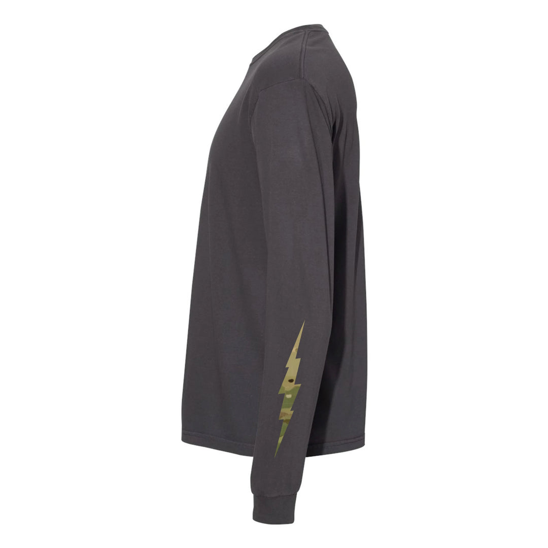 Side view of graphite GBRS Group International Long Sleeve Shirt on white background