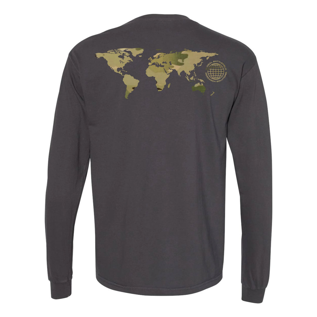 Back view of graphite GBRS Group International Long Sleeve Shirt on white background