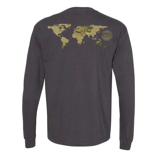 Back view of graphite GBRS Group International Long Sleeve Shirt on white background