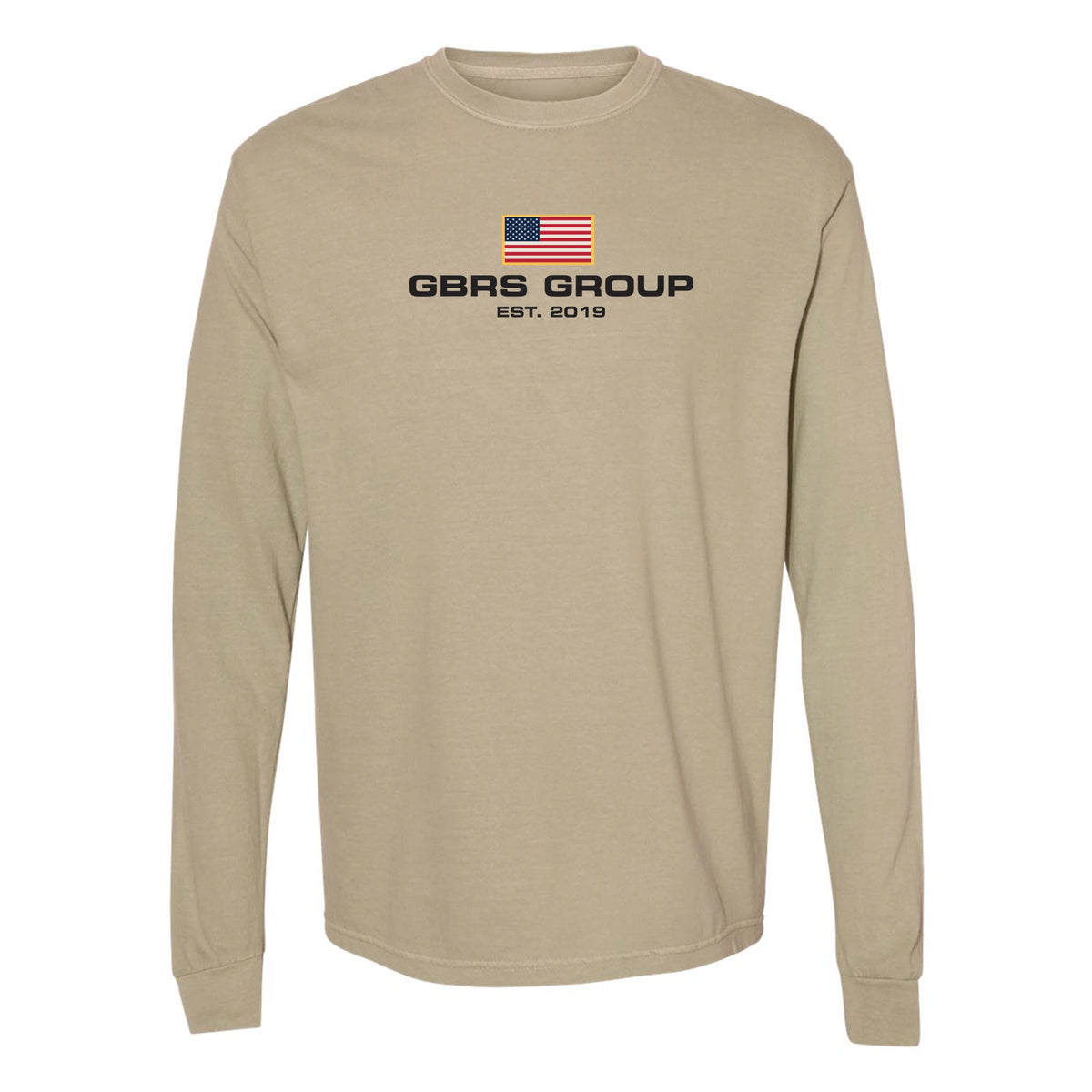 Front view of khaki GBRS Group International Long Sleeve Shirt on white background