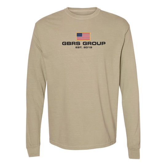 Front view of khaki GBRS Group International Long Sleeve Shirt on white background