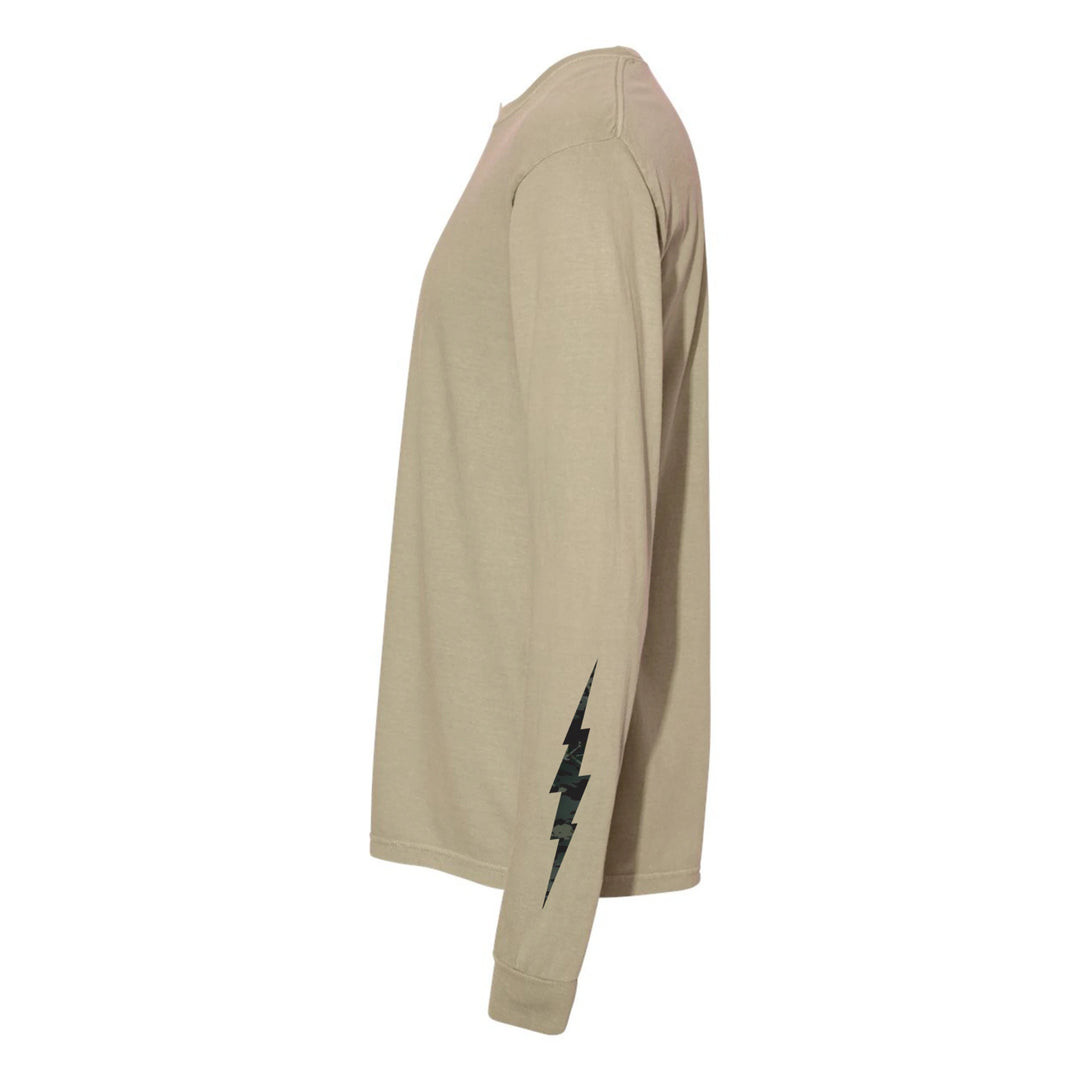 Side view of khaki GBRS Group International Long Sleeve Shirt on white background