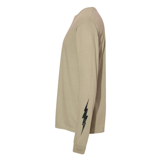 Side view of khaki GBRS Group International Long Sleeve Shirt on white background
