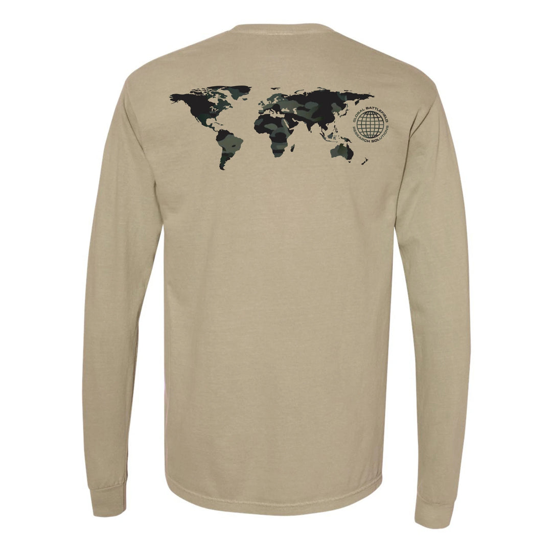 Back view of khaki GBRS Group International Long Sleeve Shirt on white background