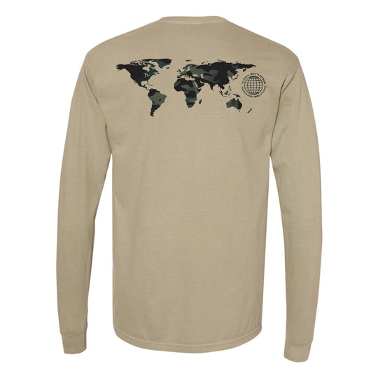 Back view of khaki GBRS Group International Long Sleeve Shirt on white background