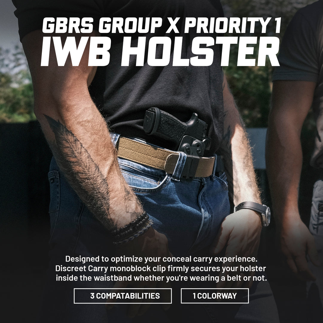 GBRS Group x Priority 1 IWB Holster  - designed to optimize your conceal carry experience. Discreet Carry monoblock clip firmly secures your holster inside the waistband whether you're wearing a belt or not. 
