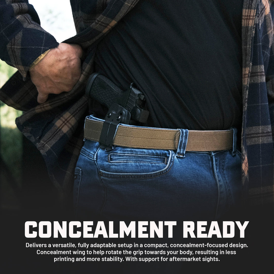 GBRS Group x Priority 1 IWB Holster  - designed to optimize your conceal carry experience. Delivers a versatile, fully adaptable setup in a compact concealment-focused design. Concealment wing to help rotate the grip towards your body, resulting in less printing and more stability. 