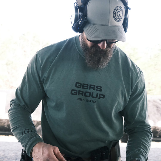 GBRS Group Instructor Long Sleeve Shirt - Anniversary Edition - Green Tee with Black Ink - Front view - Lifestyle