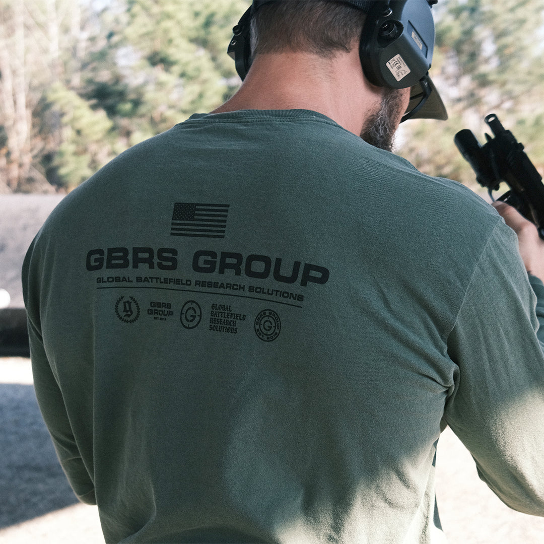 GBRS Group Instructor Long Sleeve Shirt - Anniversary Edition - Green Tee with Black Ink - Back view - Lifestyle