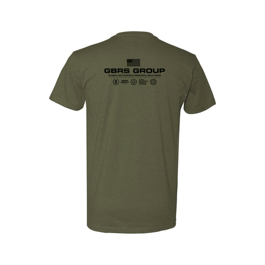 GBRS Group Instructor Short Sleeve Shirt - Anniversary Edition in Military Green with Black print. Features Slightly tapered athletic fit. Screen printed GBRS GROUP Anniversary Edition back print graphic. Screen printed center chest GBRS GROUP graphic.