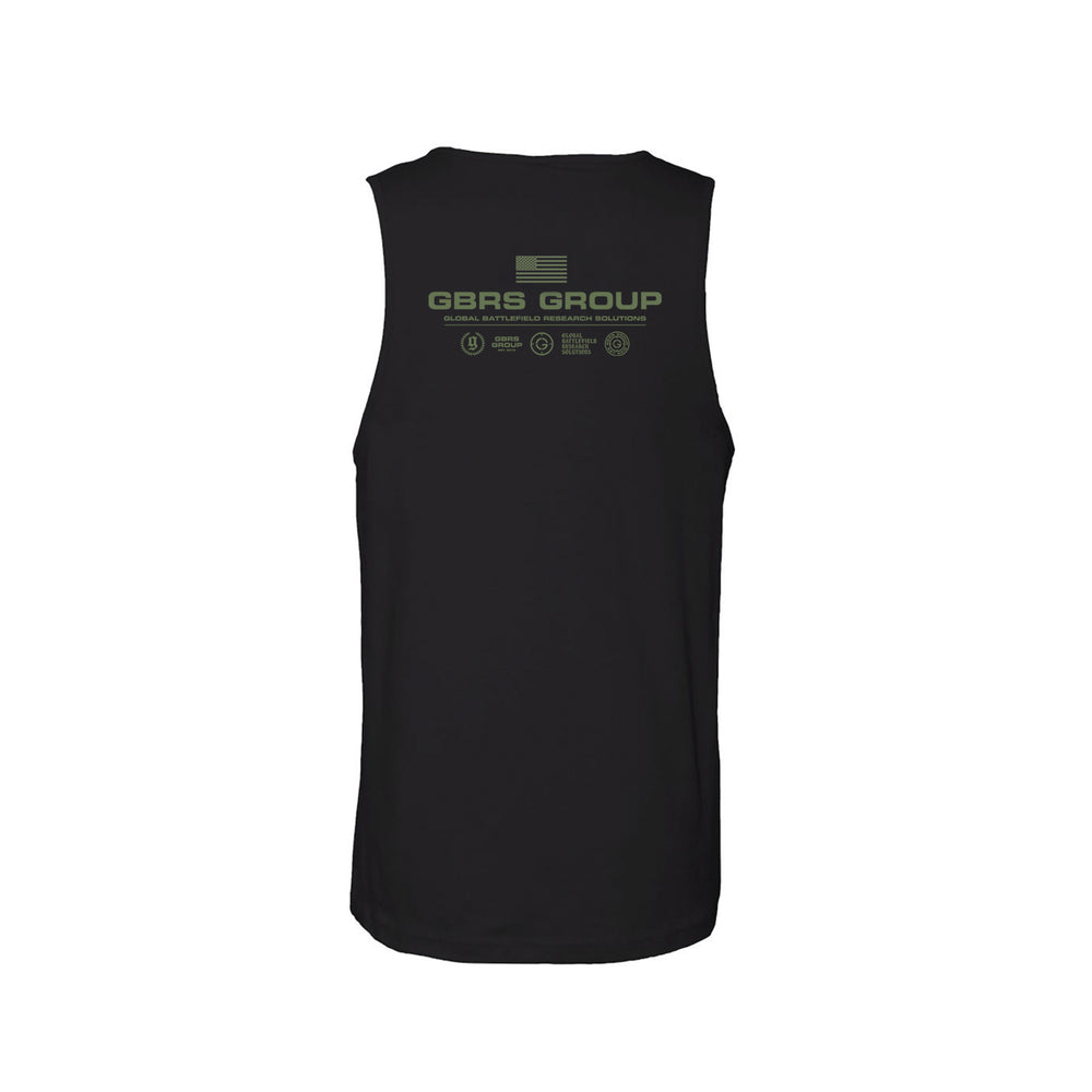 GBRS Group Instructor Tank - Anniversary Edition has a Slightly tapered athletic fit.
Great mobility for active lifestyles. Screen printed GBRS GROUP Anniversary Edition back print graphic. Screen printed GBRS GROUP center chest design. Black back view.